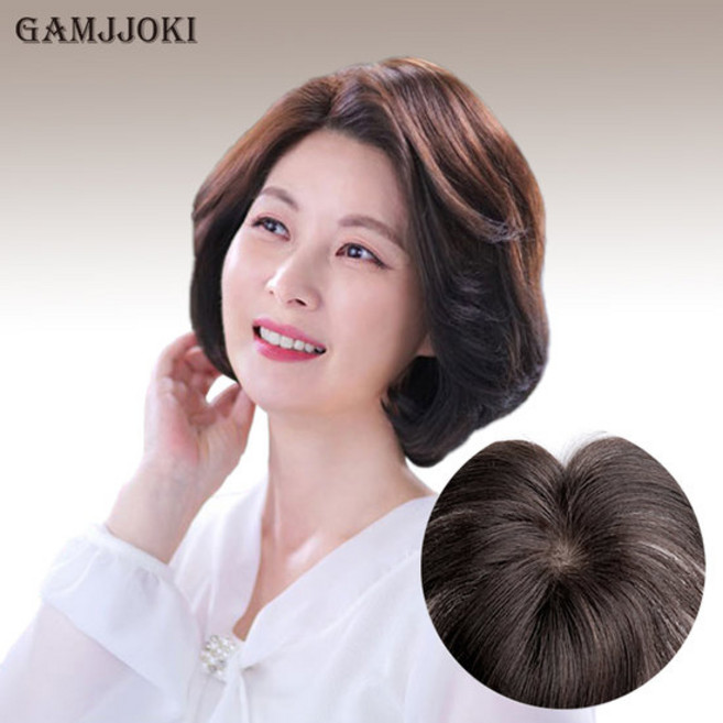 감쪽이 가발 부분 정수리 인모 여성 남성 수제, 자연검정, 1개