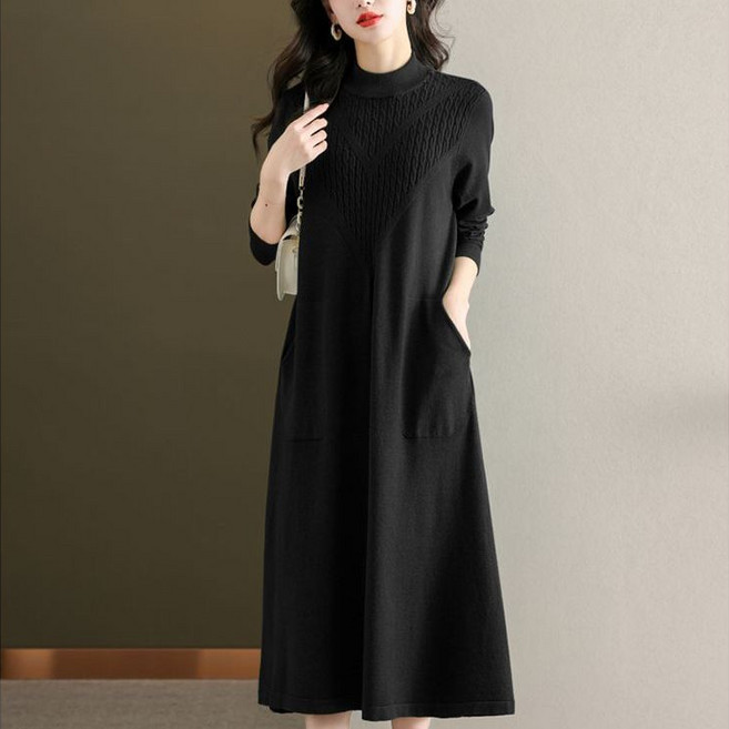 lofei 추동 여성 폴라 꽈배기 포켓 하프 니트 원피스 ZZ14