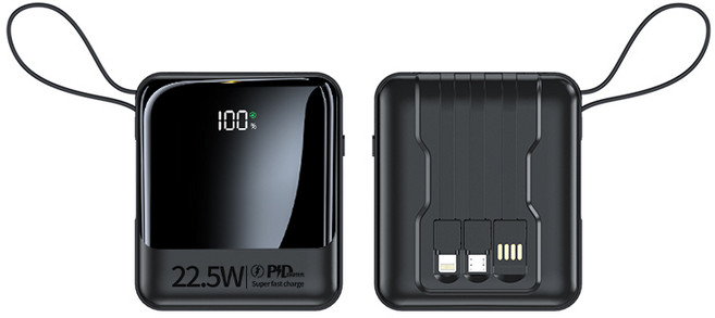 RYZO 고속 대용량 보조배터리 20000mAh 고속충전 PD 22.5W 초소형 미러링 4in1 내장선 + 대형 LCD 잔량표시 대용량 보조배터리, 블랙