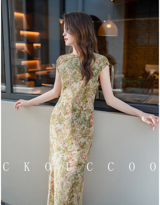 榮太曲線美感新中式改良旗袍單層桑蠶絲連衣裙女小碎花真絲魚尾裙