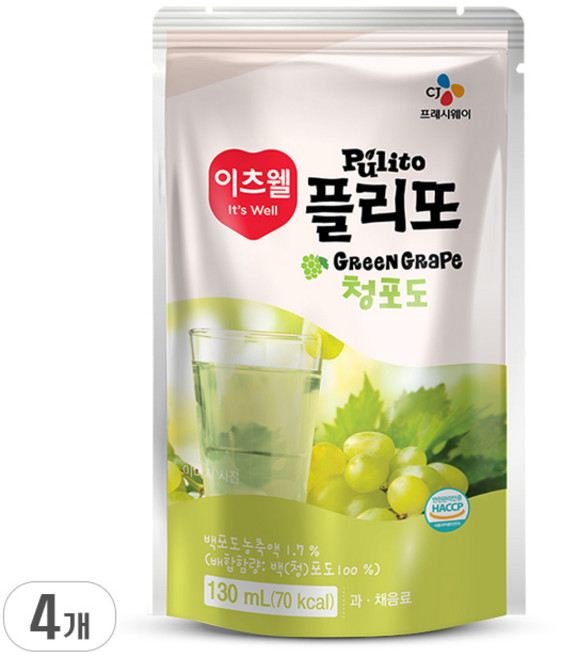 이츠웰 플리또주스 청포도, 130ml, 4개