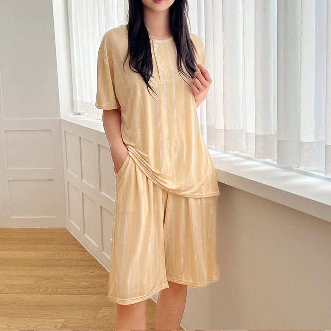 ECLL 커플 반팔 잠옷 부들 홈웨어 상하 세트