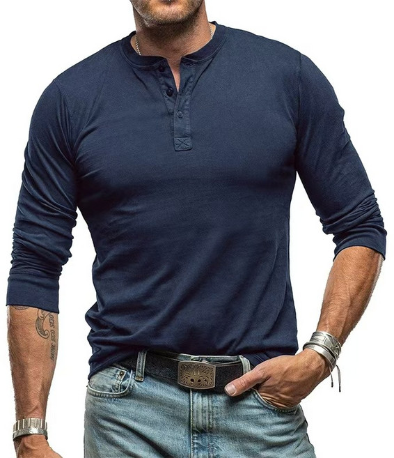 100% 순면 남성 기본 티셔츠 남성 의류 헨리넥 유럽 및 미국 남성 라운드넥 긴팔 티셔츠