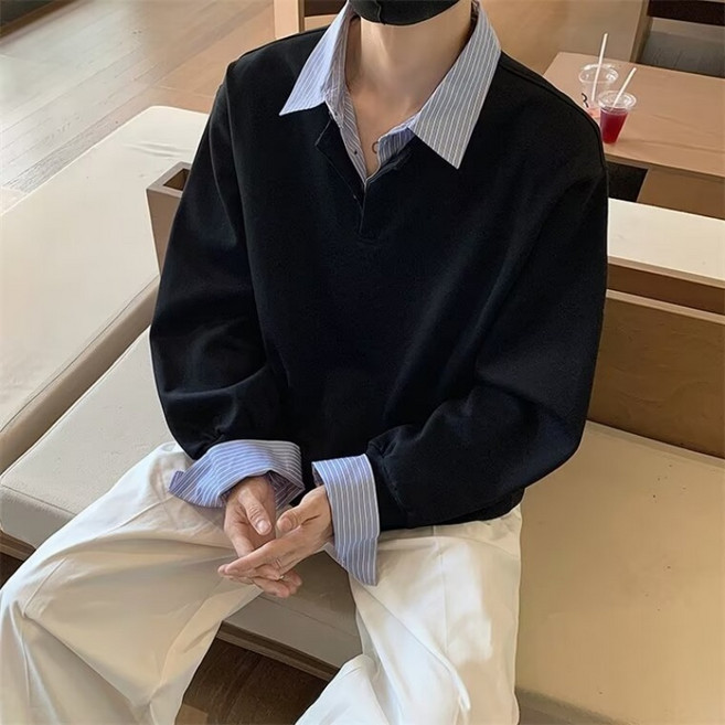레이어드 스타일 남자 긴팔 맨투맨 카라 셔츠 배색 티셔츠 가짜 투피스 데일리 남성 캐주얼 상의