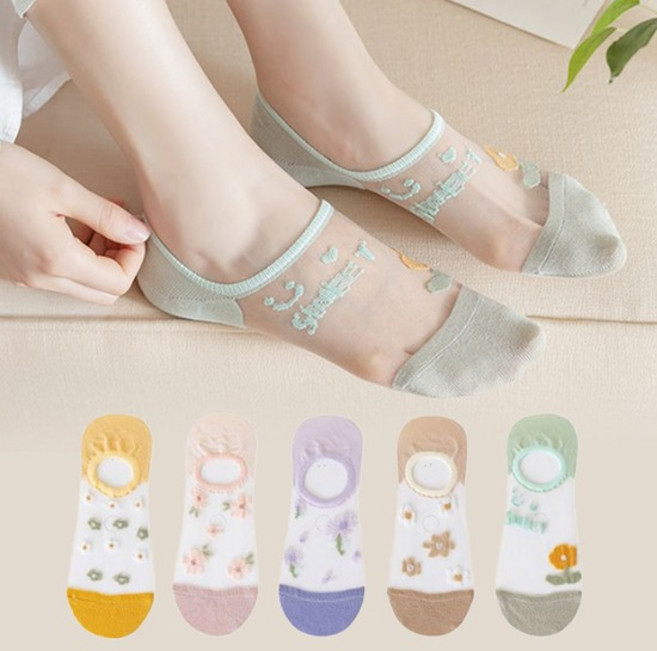 꽃잎 자수 양말 5개 세트 여성용 시스루 실리콘 페이크삭스