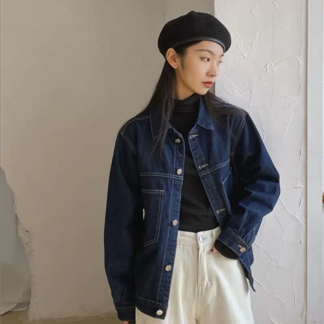牛仔外套 夾克外套 深藍色帥氣中性復古口袋牛仔襯衫BF風