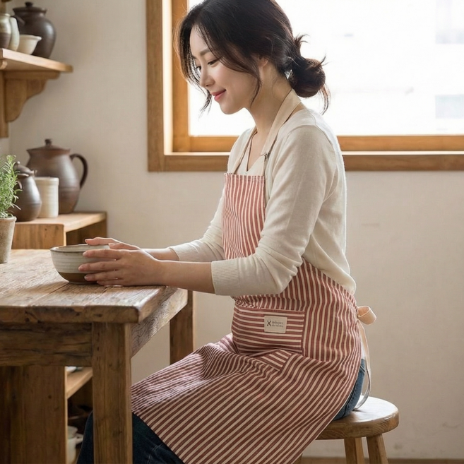 슈나온 북유럽풍 스트라이프 앞치마, 1개, 레드