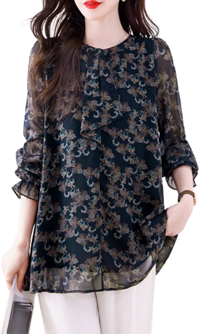 티티웍스 중년여성 하늘하늘 빅사이즈 소매밴딩 리본 타이 페이즐리 긴팔 쉬폰 블라우스 엄마옷 풀오버 상의