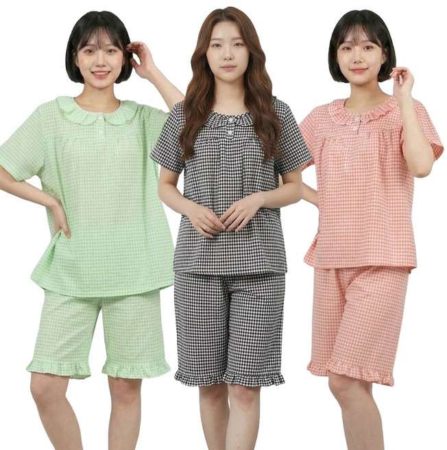 체크 넥프릴 잠옷세트 여성 반팔 반바지 파자마 한벌 여자 플라워 홈웨어 실내복 잠옷 상하의 세트