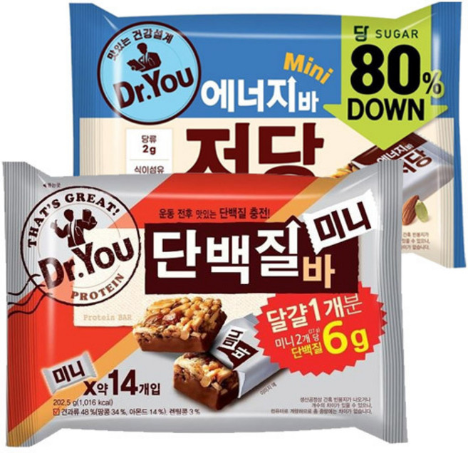 오리온 닥터유 단백질바 미니 202.5g+저당 미니 202.5g, 1세트, 각1개(총2개)