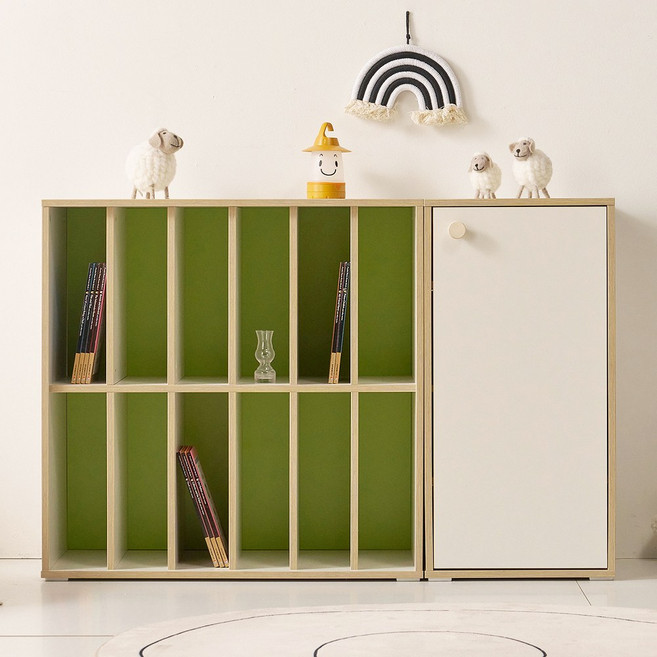 힘찬리빙 하스 1200 2단 장난감 정리함 책 수납장 낮은 거실 유아 책장, 하스 1200 와이드 책장 도어 세트(그린)