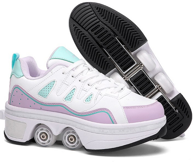 4륜 스케이트 컬러풀한 LED 조명 복열 스케이트 접이식 변형 바퀴 남녀공용 운동화 탈부착 스케이트 인라인 스케이트, 보라, 1개