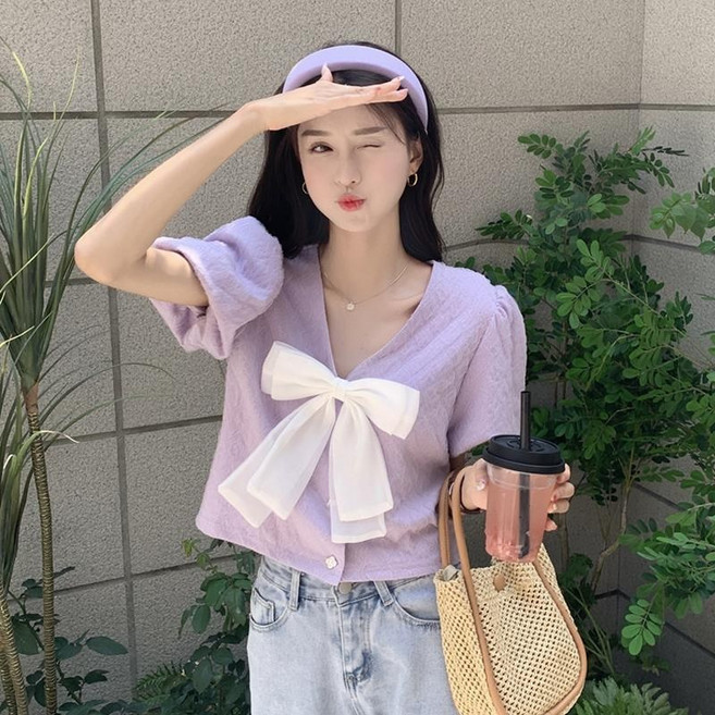 해피유통 여성 봄 여름 귀여운 퍼프소매 큰 리본 브이넥 블라우스 캐주얼 티셔츠dxn