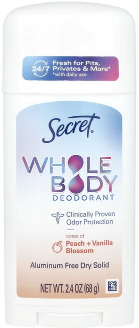 Secret 전신 데오드란트 알루미늄 무함유 건조 고형물 복숭아 + 바닐라 블라섬 68g(2.4oz), Secret전신데오드란트알루미늄무함유건조고형물복숭아바닐, 68g, 1개 - 쿠팡