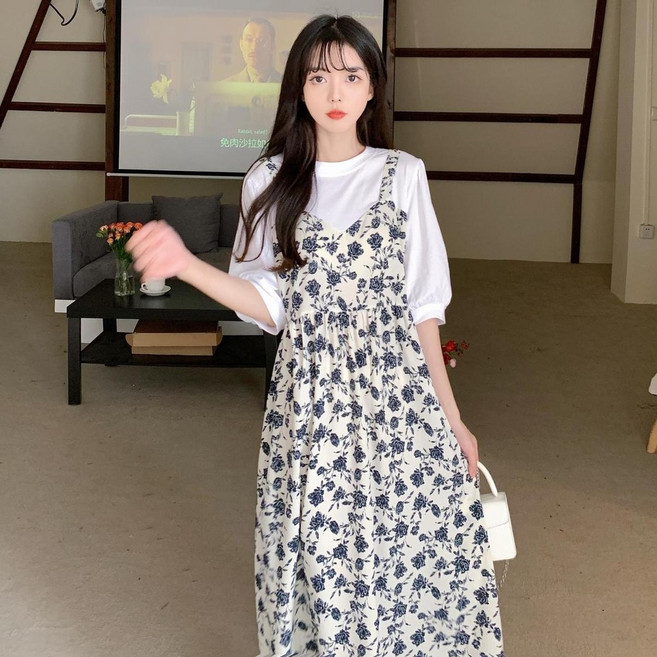 連衣裙女夏假兩件純欲風大碼顯瘦遮肚碎花中長裙, 白色假兩件連衣裙,2XL 建議【67.5-75.0公斤】內, 白色