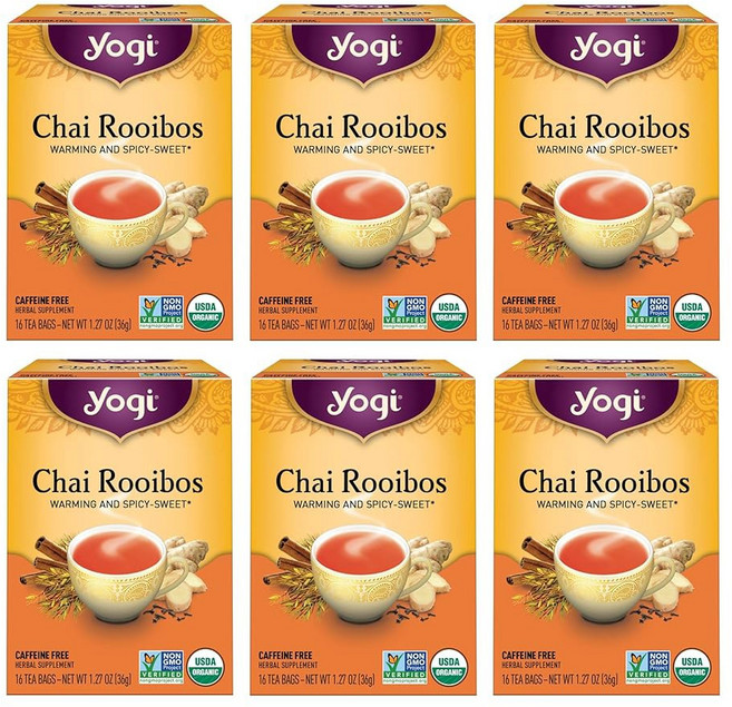 탄산음료 콤부차 발효음료 요기 티 차이 루이보스 팩당 16개 티백(6팩) 향신료 제 제공 카페인 프리 카다멈 시나몬 진저 & 정향 포함