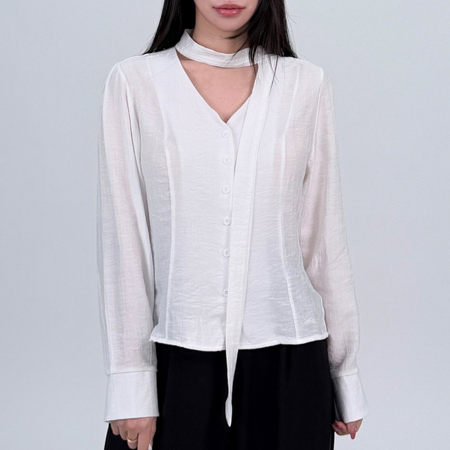 알론 절개 라인 브이넥 타이 셔츠 블라우스