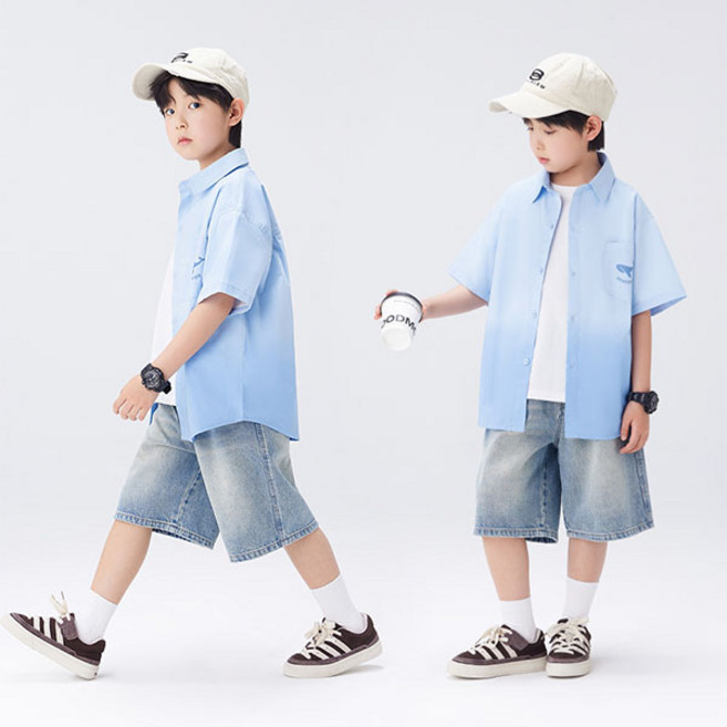 키즈목마 2025 여름 남아 셔츠+데님반바지 세트 초등 남아 여름 캐주얼 상하복 주니어 여름 청반바지 상하의617