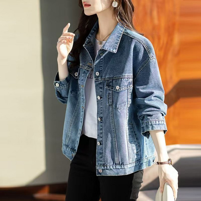 가을 프리오더 여성 카라 캐주얼 오버핏 청자켓 데님코트 빅사이즈5XL 청카바 쟈켓 40 50대 여자청자켓 간절기 아우터 WT2591