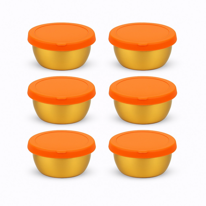 [엘리펀트] 50ml 금색 스테인리스 소스컵 세트 - 색상 뚜껑 포함 밀폐형 미니 양념통 도시락 캠핑용 다용도 소스통 6개입, 오렌지 뚜껑 세트, 6개
