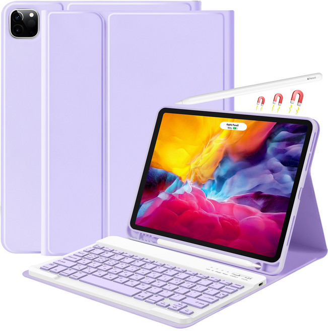 아이패드 전용 블루투스 키보드 케이스 S펜 수납 프리미엄 블루투스 키보드 다이어리 케이스 11인치, 자색