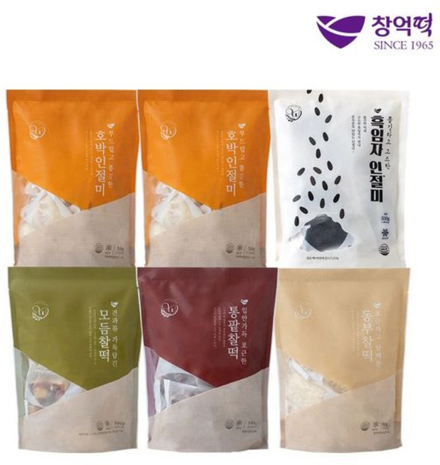 창억세트떡 5종 6봉 총 60개/호박인절미X2+흑임자인절미+동부찰떡+통팥찰떡+세트.. 33933031, 6개, 500g