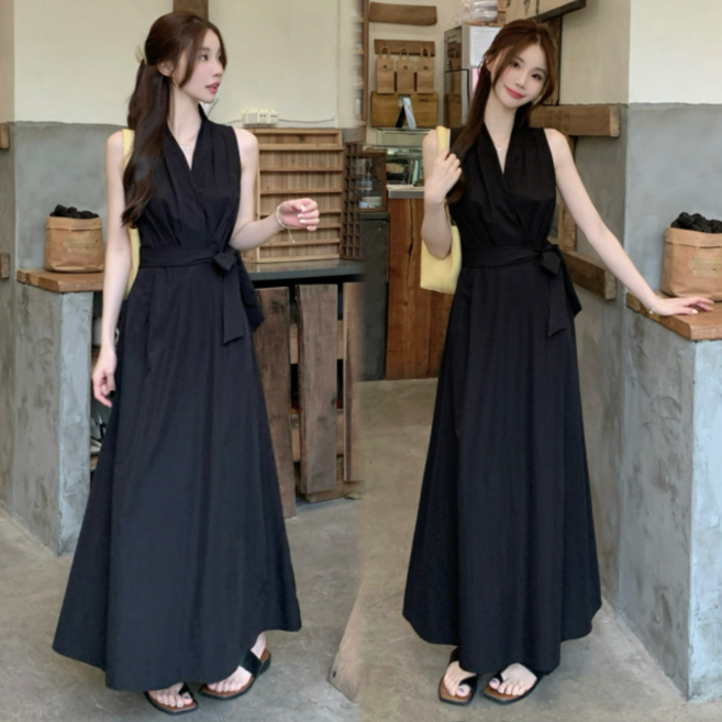 Asure 여자 브이넥 민소매원피스 여름 A라인 랩원피스 롱원피스