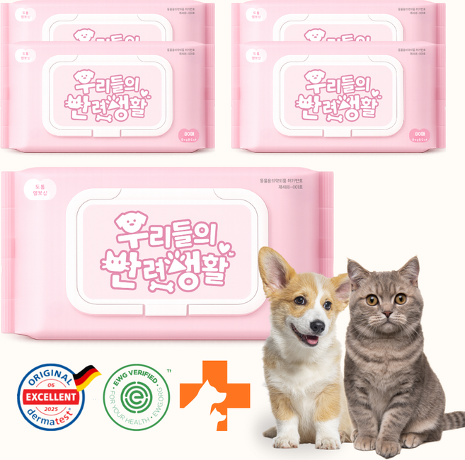 우반생 강아지 고양이 물티슈 올인원 반려동물 캡형 엠보싱 대용량 이경규 펫티슈, 80개입, 5개
