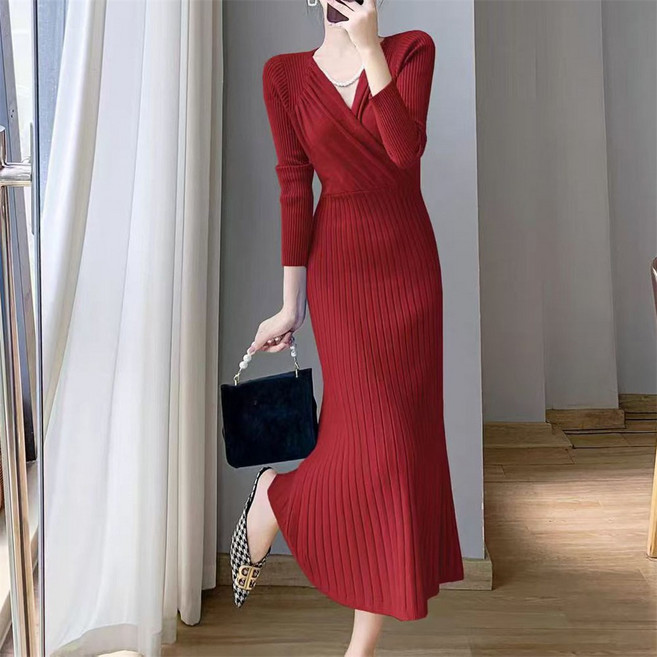 TKX 여성 가을 겨울 긴팔 니트 원피스 슬림핏 브이넥 롱 드레스 우아한 스타일 오피스룩 K76