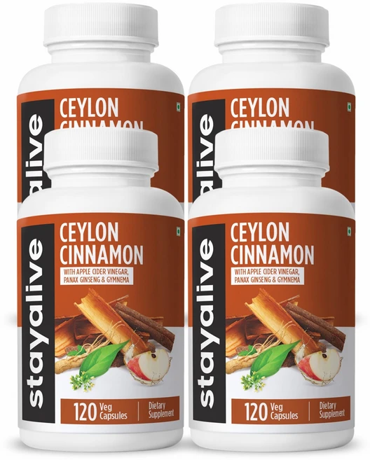 STAY ALIVE 실론 계피 보충제 ACV 강황 생강 인삼 짐네마 크롬 및 검은 후추 가루가 함유된 8-in-1 추출물 비GMO 및 글루텐 프리 실론 계피 캡슐, 4개, 120정 - 쿠팡