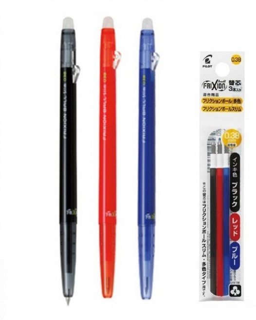 파이롯트 프릭션 슬림 지워지는 볼펜 0.38mm, 흑청적 3개+리필(3개입) 1개, 1세트
