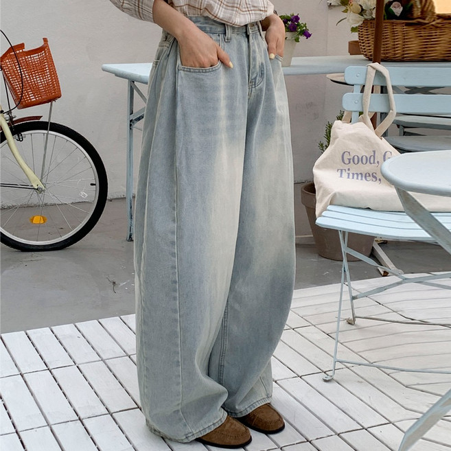 앤샵 [롱 숏 기장선택/빅사이즈~2XL] 여성용 트베리 워싱빈티지 벌룬 사이드절개 와이드 데님 청바지(4color)