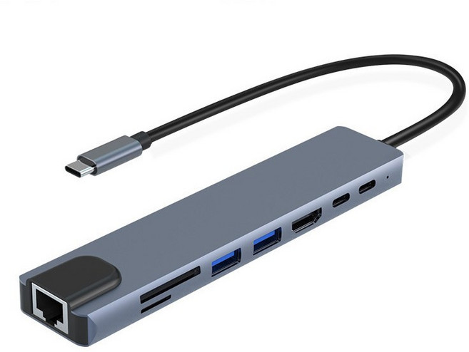 NanoPick Type-c鋁合金 8合1 HUB 4K支援 網路孔 筆電擴充轉接器, 1個, 黑色