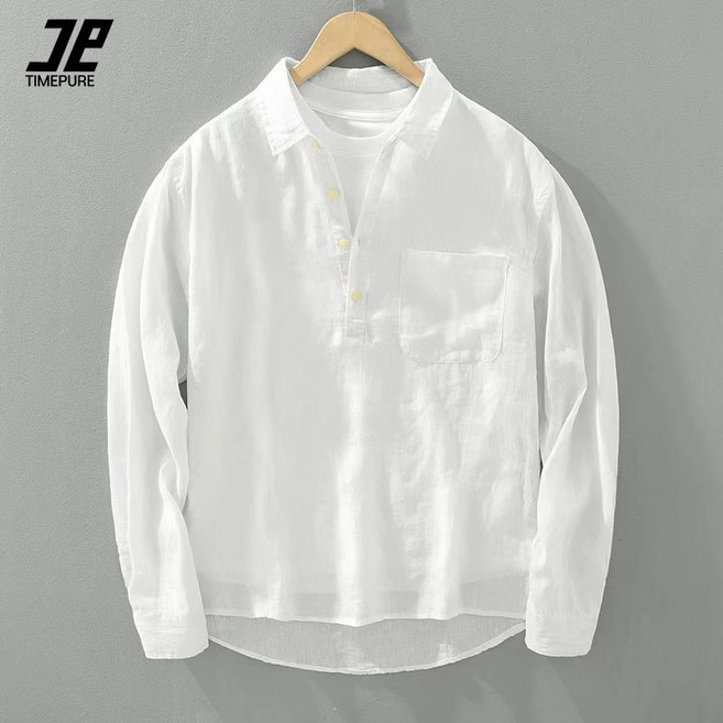 남자 일본식 레트로 오버핏 린넨 폴로 셔츠 빅사이즈 남방 남성 여름 가을 시원한 린넨 출근룩 투로롤업셔츠 베이직컬러 린넨 셔츠