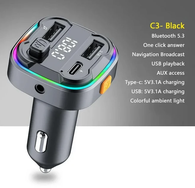 PD30W 고속 충전기 블루투스 5.3 FM 송신기 핸즈프리 차량용 AUX 라디오 변조기 MP3 플레이어 어댑터 포함, 05 C3 Black
