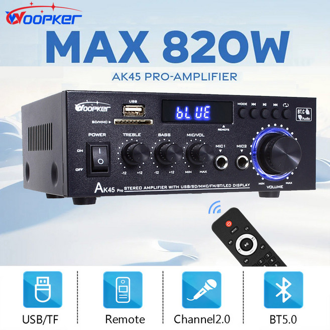 Woopker AK45 Pro 오디오 앰프 최대 출력 820W 채널 2 0 Bluetooth AMP 가라오케 HiFi 디지털 스테레오 수신기 가정용 RV용, EU 220-240V