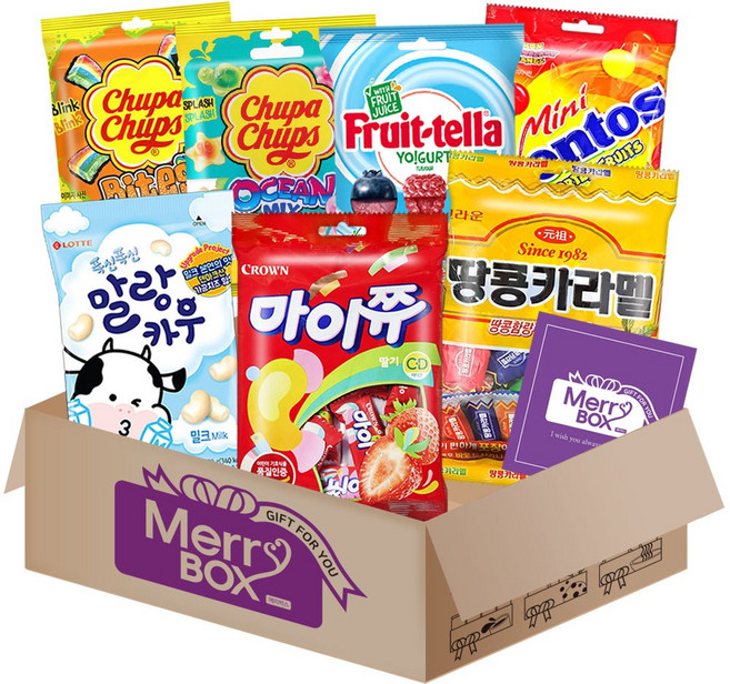 츄잉캔디 7종 간식선물세트 말랑카우+멘토스(미니푸르티+후르트텔라)+마이쮸3종+땅콩카라멜+메세지카드, 72g, 1박스
