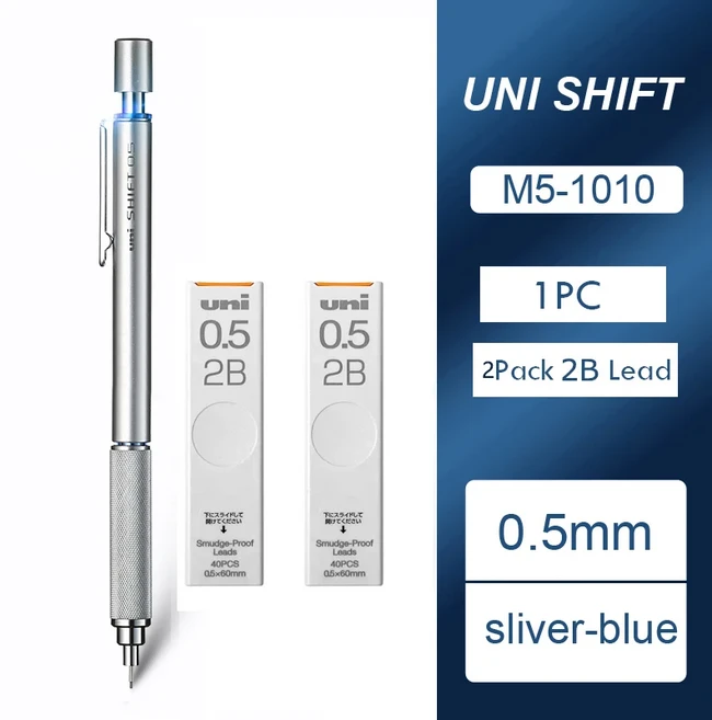 Uni KuruToga 샤프 펜슬 저중력 자동 리드 회전 금속 바디 드로잉 쓰기 스케치 학교 용품 문구, 18 0.5mm Silver 2B Set2