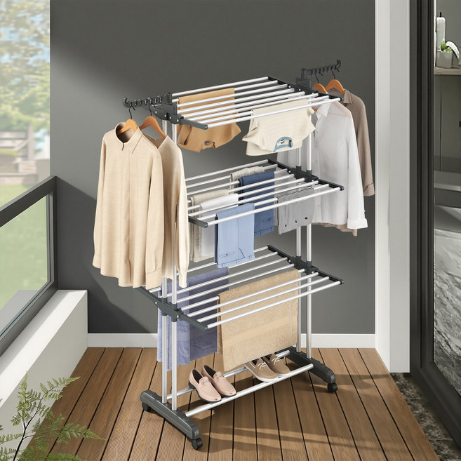 SONGMICS 튼튼한 이동식 실내외 겸용 다기능 스틸 접이식 빨래건조대, 화이트+그레이