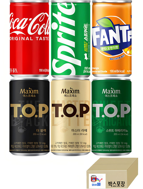 마셔몰 (탄산+커피 미니캔 혼합세트 6가지맛 각10캔씩 총60캔) (코카콜라+스프라이트+환타오렌지)+(더블랙+스위트아메리카노+마스터라떼), 190ml, 60개