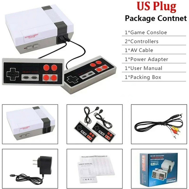 레트로 미니 TV 휴대용 게임기 620가지 내장 클래식 게임 듀얼 게임패드 출력 가족용 비디오 게임 플레이어, US Plug, 1개
