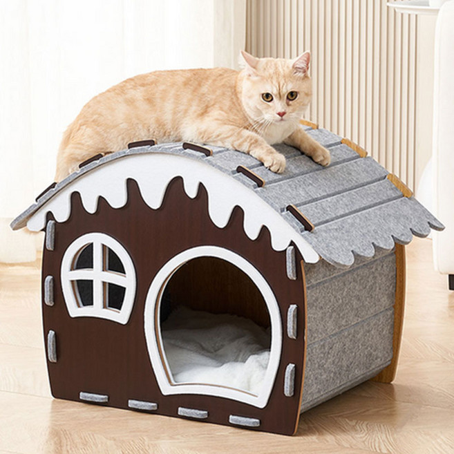 메일켓 다기능 펠트 고양이 스노우 하우스 양면사용 캣 숨숨집, 1개, 노란색&갈색