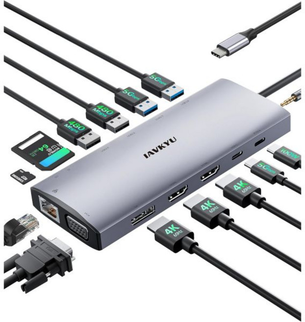 트리플 모니터 도킹 스테이션 14in1 USB C 허브 with DP 8K30Hz4K144Hz 듀얼 HDMI 4K60Hz 100W PD 7 포트 SDTF 카드 리더기 기가비트, 14Ports(2 HDMI+DisplayPort+VGA, 1개