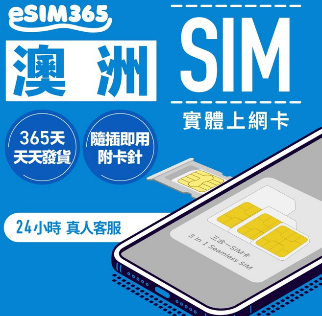 esim365 澳洲實體SIM上網卡, 澳洲【每天1GB吃到飽】,3天