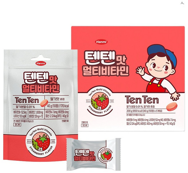 NEW 한미 텐텐 멀티 종합비타민 어린이 간식 키즈 성장기 영양제 딸기맛 츄정 파우치5개입, 5개, 40g