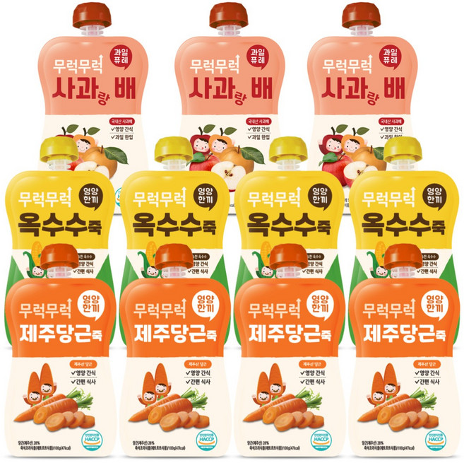 무럭무럭 키즈죽 과일퓨레 알뜰 11팩(사과배 3팩 / 옥수수 당근 각 4팩)