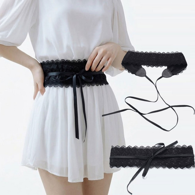 모먼트린 레이스 코르셋 벨트 허리 슬림핏 와이드 리본 레이어드 허리띠