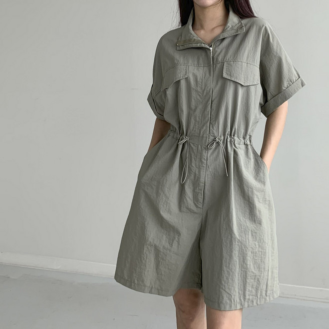 [행복여] 캐리 플랩 집업 허리 스트링 5부 반바지 점프슈트