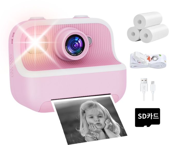 하이라라 큐티 어린이카메라 프린트카메라+리필용지3개+스트랩+메모리카드 포함, 큐티핑크