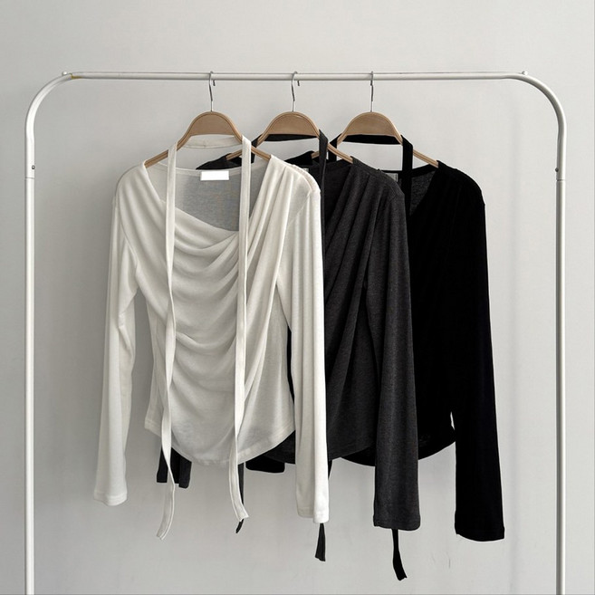 바이어스 여성 봄신상 드레이프 랩 스타일 초커 긴팔티